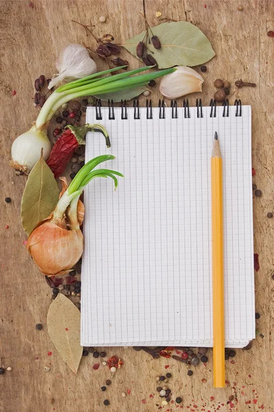Notebook to write recipes with spices — Stock Photo, Image
