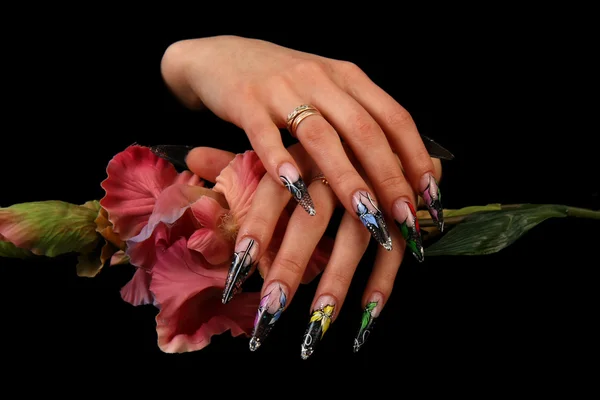 Dedos humanos con uña larga y hermosa manicura aislada en negro —  Fotos de Stock