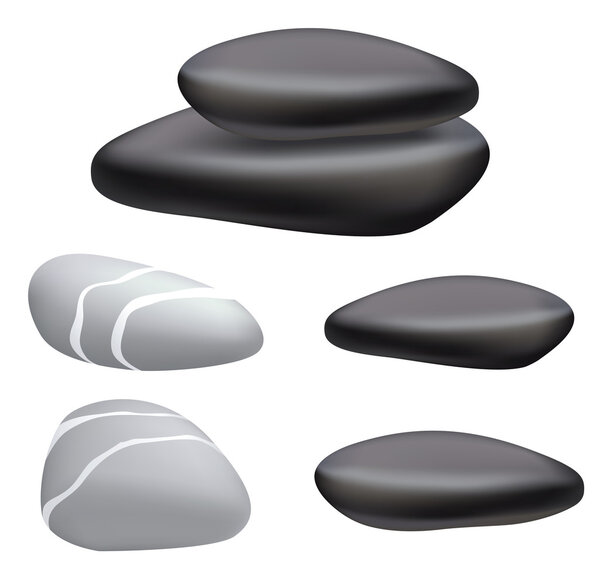 Dark and gray pebbles on a white background.