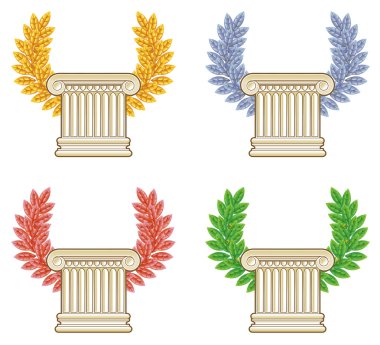 Gold, silver, bronze and green laurel wreath with a Greek column clipart