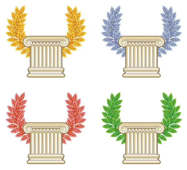 Corona de oro, plata, bronce y laurel verde con una columna griega — Vector de stock
