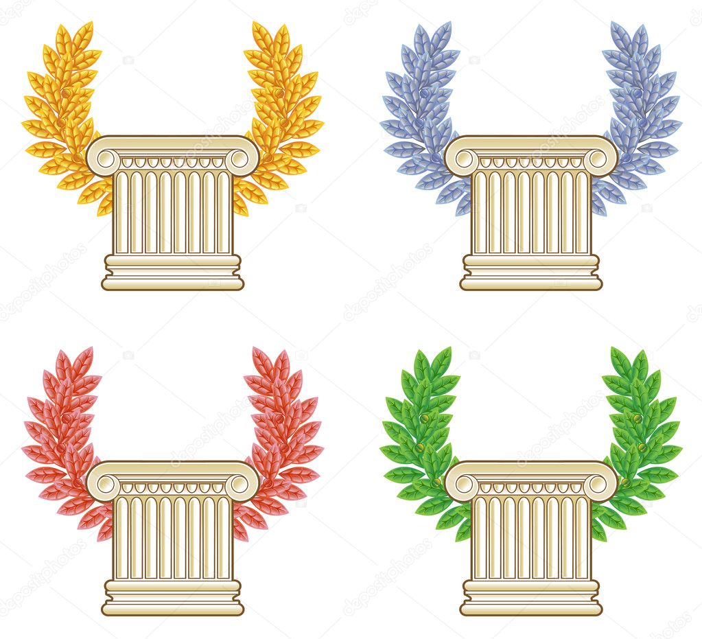 Gold, silver, bronze and green laurel wreath with a Greek column