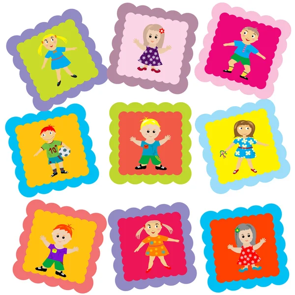 Stylized kids on colored squares — Stock Photo, Image