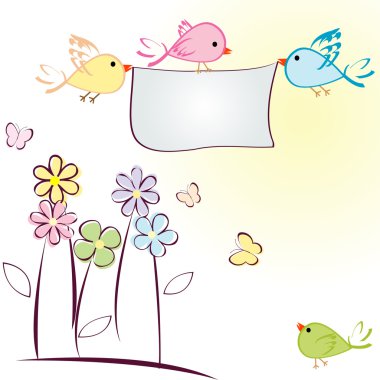 Greeting card with birds, flowers and butterflies clipart