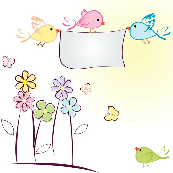Kuşlar, çiçekler ve kelebekler tebrik kartı — Stok fotoğraf