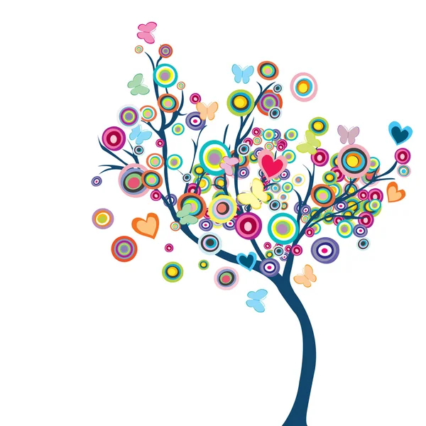 Χρωματιστά ευτυχισμένη δέντρο με λουλούδια και πεταλούδες — Φωτογραφία Αρχείου