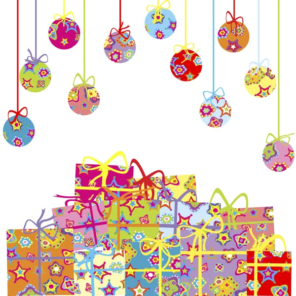 Hintergrund mit Weihnachtskugeln und Geschenken — Stockfoto