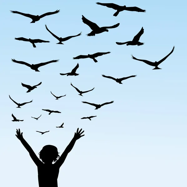Criança aprendendo a voar, ilustração com criança e pássaros — Fotografia de Stock