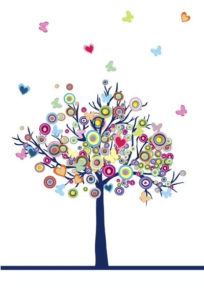 Абстрактне кольорове дерево з сердечками, колами та метеликами — стокове фото