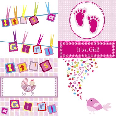 Set of four baby girl announcement cards