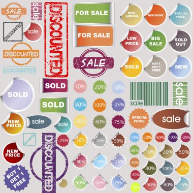 Sale stickers, rubber stamps and label collection