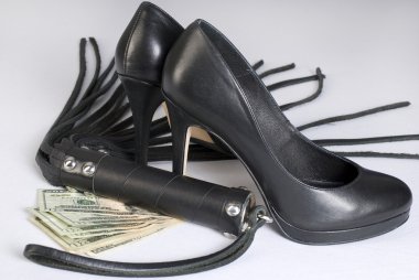 Strict Black Leather Flogging Whip, high heels shoes and money. clipart