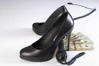 Black Leather Bullwhip, high hells shoes and money. clipart