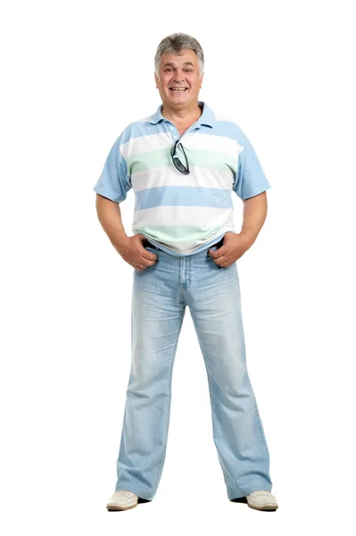 Volwassen man pose op de witte achtergrond is geïsoleerd — Stockfoto