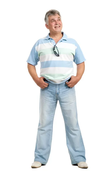 Volwassen man pose op de witte achtergrond is geïsoleerd — Stockfoto