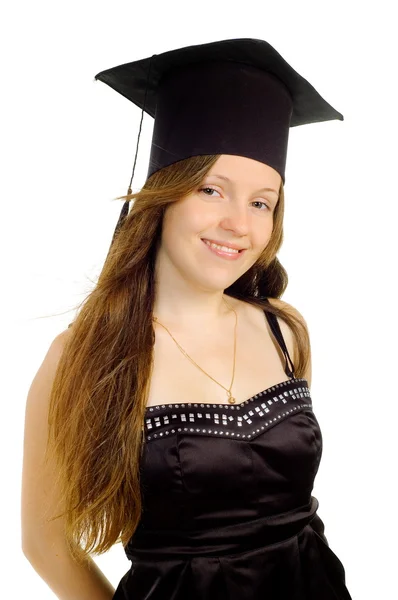 Όμορφο κορίτσι στο καπέλο του δασκάλου — Φωτογραφία Αρχείου