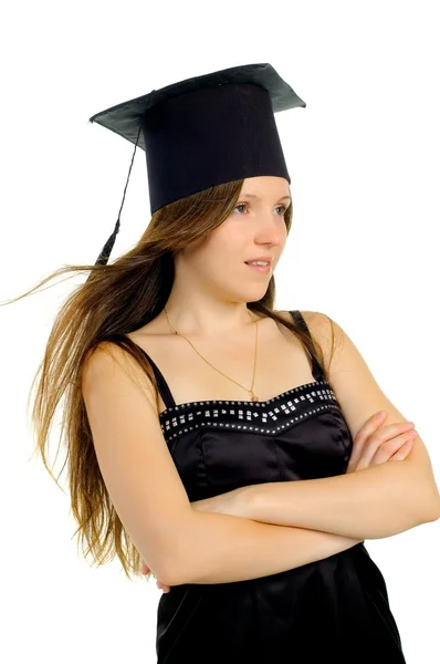 Όμορφο κορίτσι στο καπέλο του δασκάλου — Φωτογραφία Αρχείου