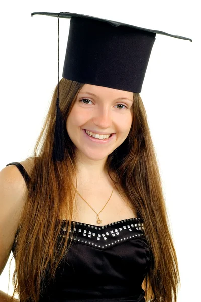Beautiful girl in hat of the master — Stock Photo, Image