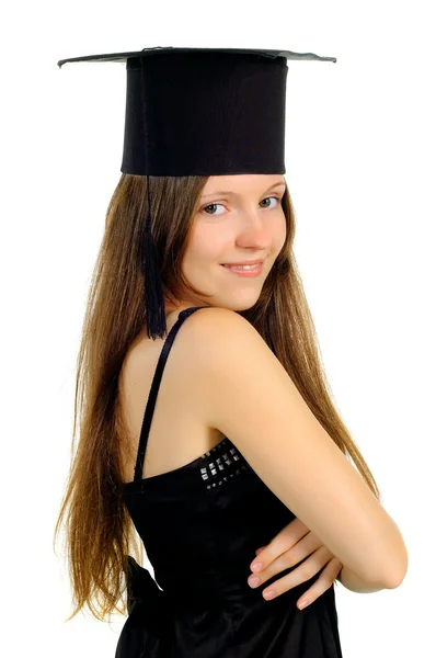 Hermosa chica en sombrero del maestro — Foto de Stock