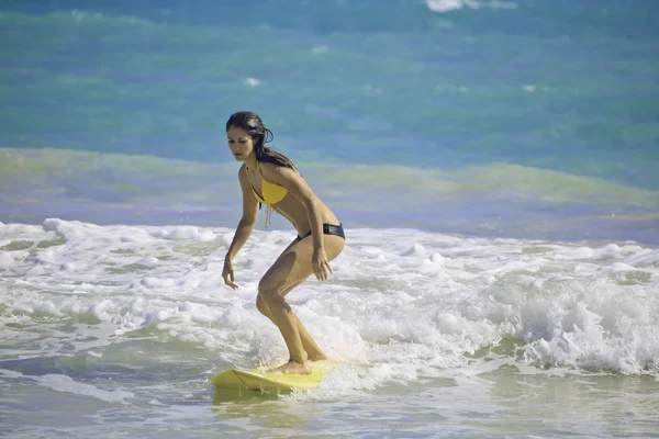 Brunette in bikini surfen — Stockfoto