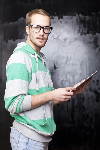 Good Looking Smart Nerd Man With Tablet Computer — Stock Photo, Image