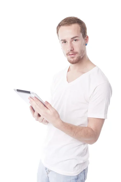 Dobře vyhlížející muž s tabletovým počítačem — Stock fotografie