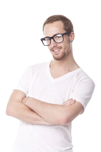 Dobry mężczyzna w okularach retro nerd uśmiechający się — Zdjęcie stockowe