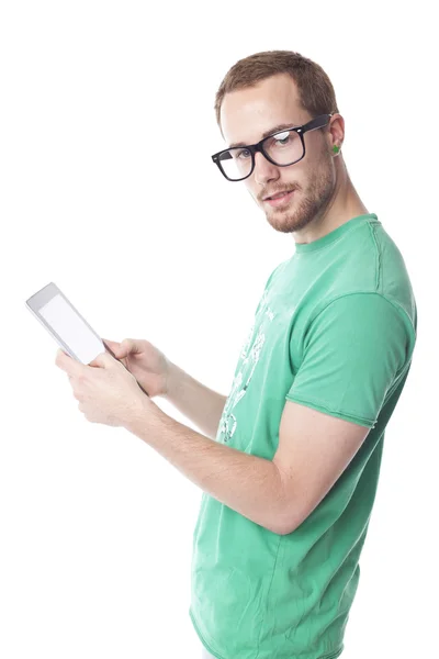 Hombre Nerd inteligente de buen aspecto con Tablet Computer — Foto de Stock