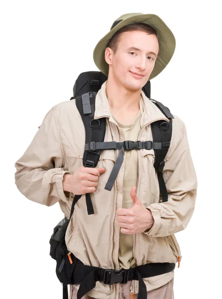 Mladý muž, oblečený v turista — Stock fotografie
