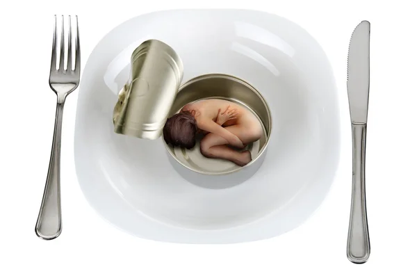 stock image Naked woman lying in empty tin can