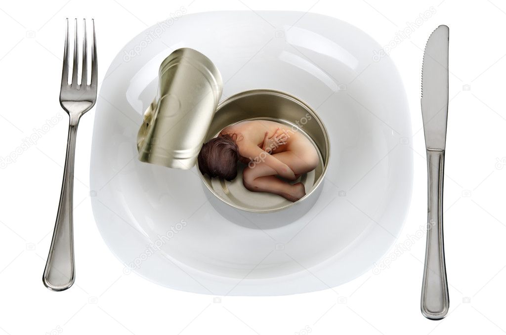 Naked woman lying in empty tin can