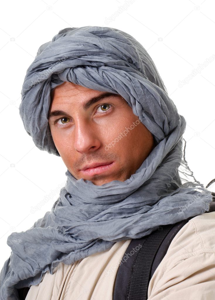 Tourist hiding his head under a shawl