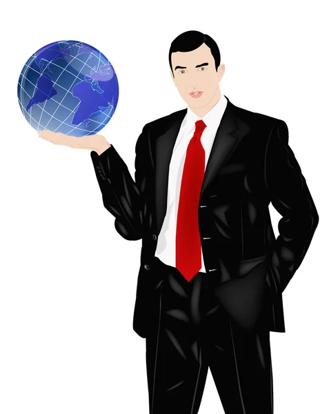 L'homme d'affaires prospère tient dans un globe de la main — Photo