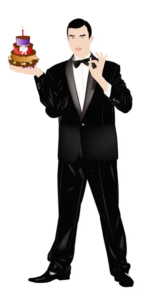 The man in a tuxedo and a celebratory pie — Stock Vector