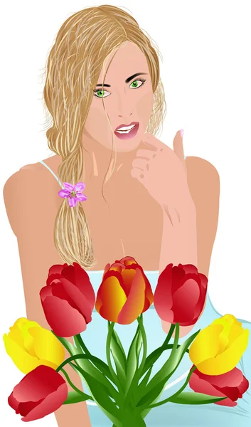Счастливая девушка с букетом тюльпанов — стоковое фото