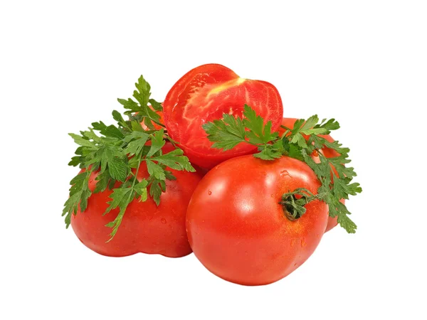 Świeże pomidory czerwone i gałąź Zielona pietruszka. na białym tle. — Zdjęcie stockowe