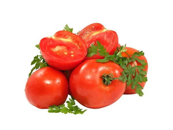 Свежие красные помидоры и зеленая ветвь петрушки . — стоковое фото