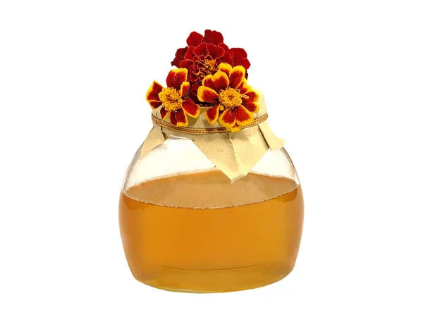 Frasco de mel e flores de cor . — Fotografia de Stock