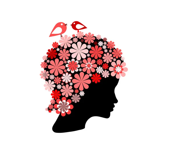 Frau mit Blumen und Vögeln bedeckt — Stockfoto