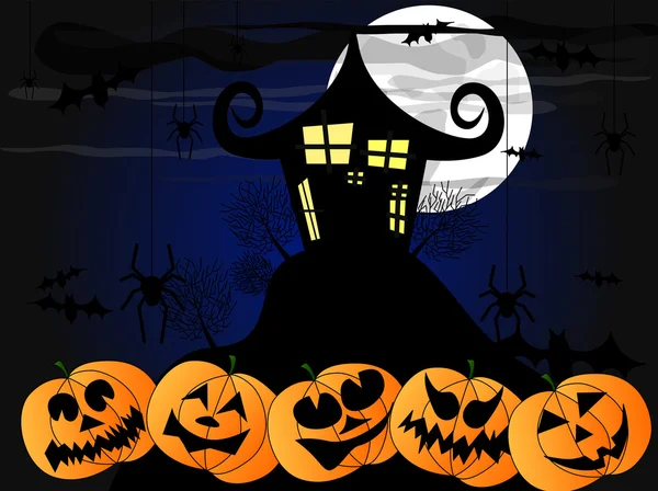 Illustration with creepy house, pumpkins for halloween — Stock Photo, Image