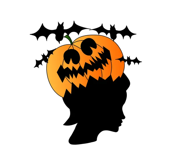 Голова женщины с тыквой, концепция Хэллоуина — стоковое фото