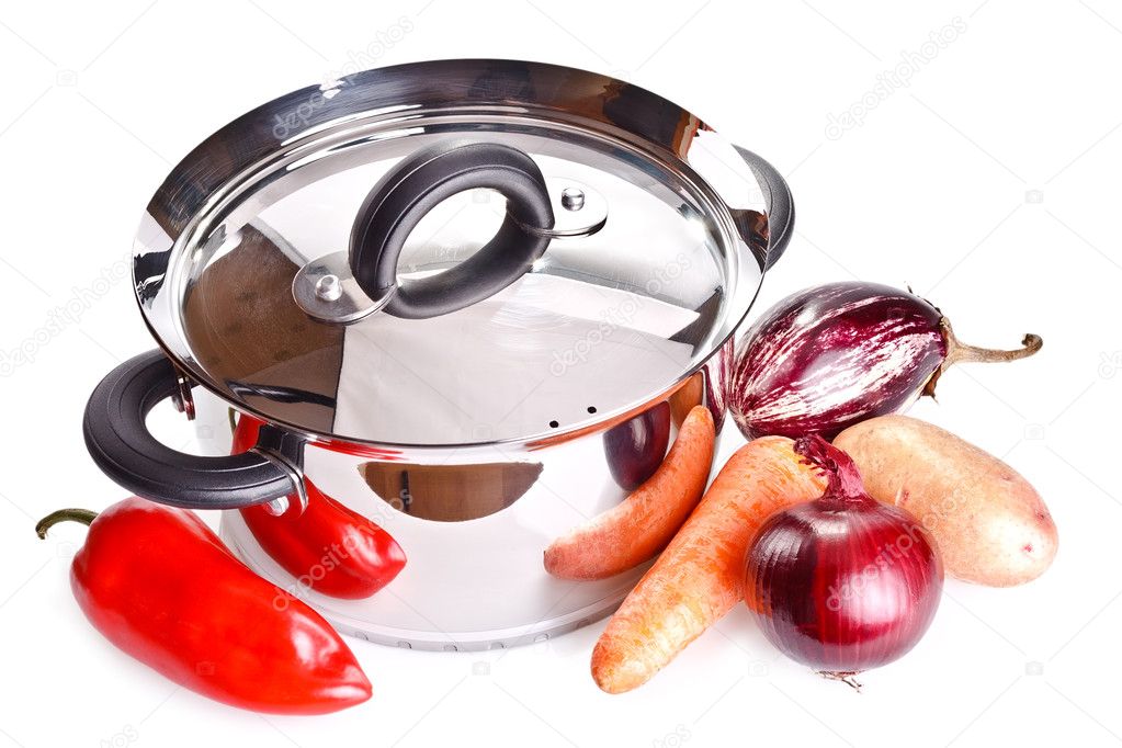 Stainless steel cooking pot and vegetables isolated on white