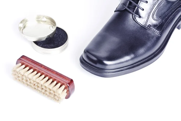 Classic black men's shoe, boot polish and brush — Stock Photo, Image