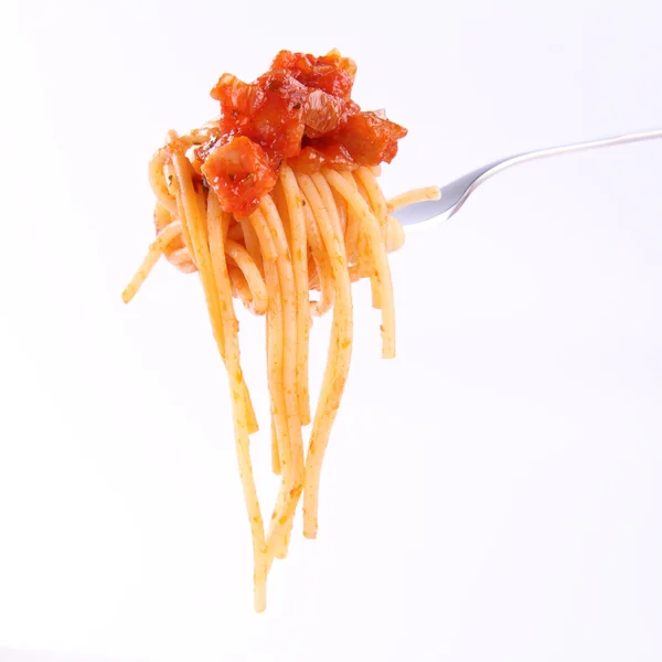 Spaghetti bolognese on a fork — Stock Photo, Image