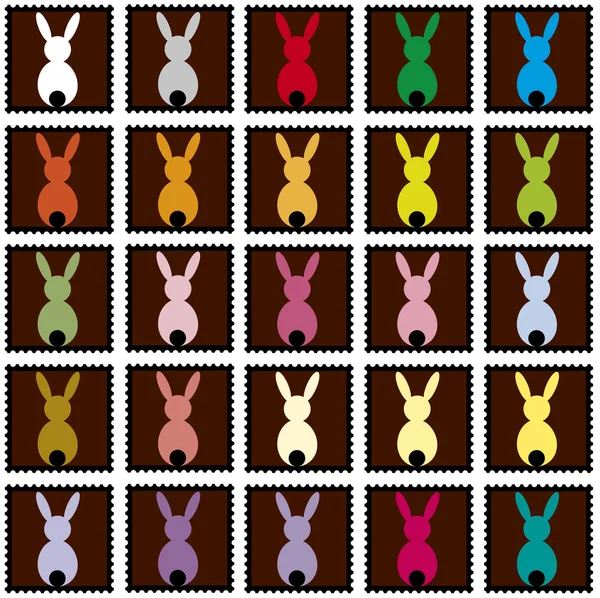 Black stamps with colorful rabbits — Stock Vector