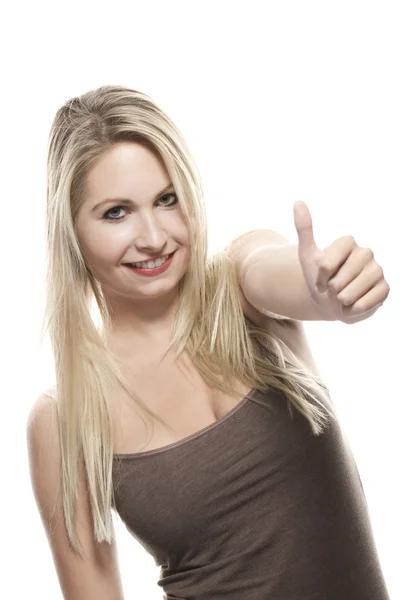 Vacker blond kvinna visar tummen upp — Stockfoto