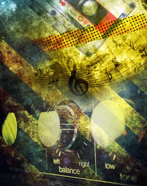 Grunge zenei háttér, kompakt kazettás és erősítő — Stock Fotó