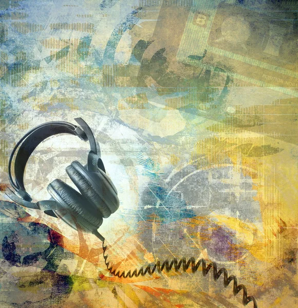 Grunge musical background with headphones — Stock Photo, Image