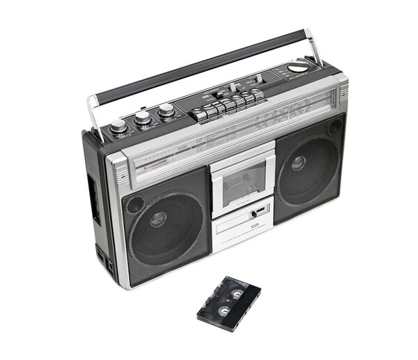 Vintage radio cassette recorder, isolated on white