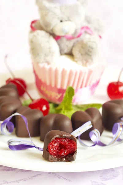 Sweets with cherry and chocolate in Valentine day — Stock Photo, Image